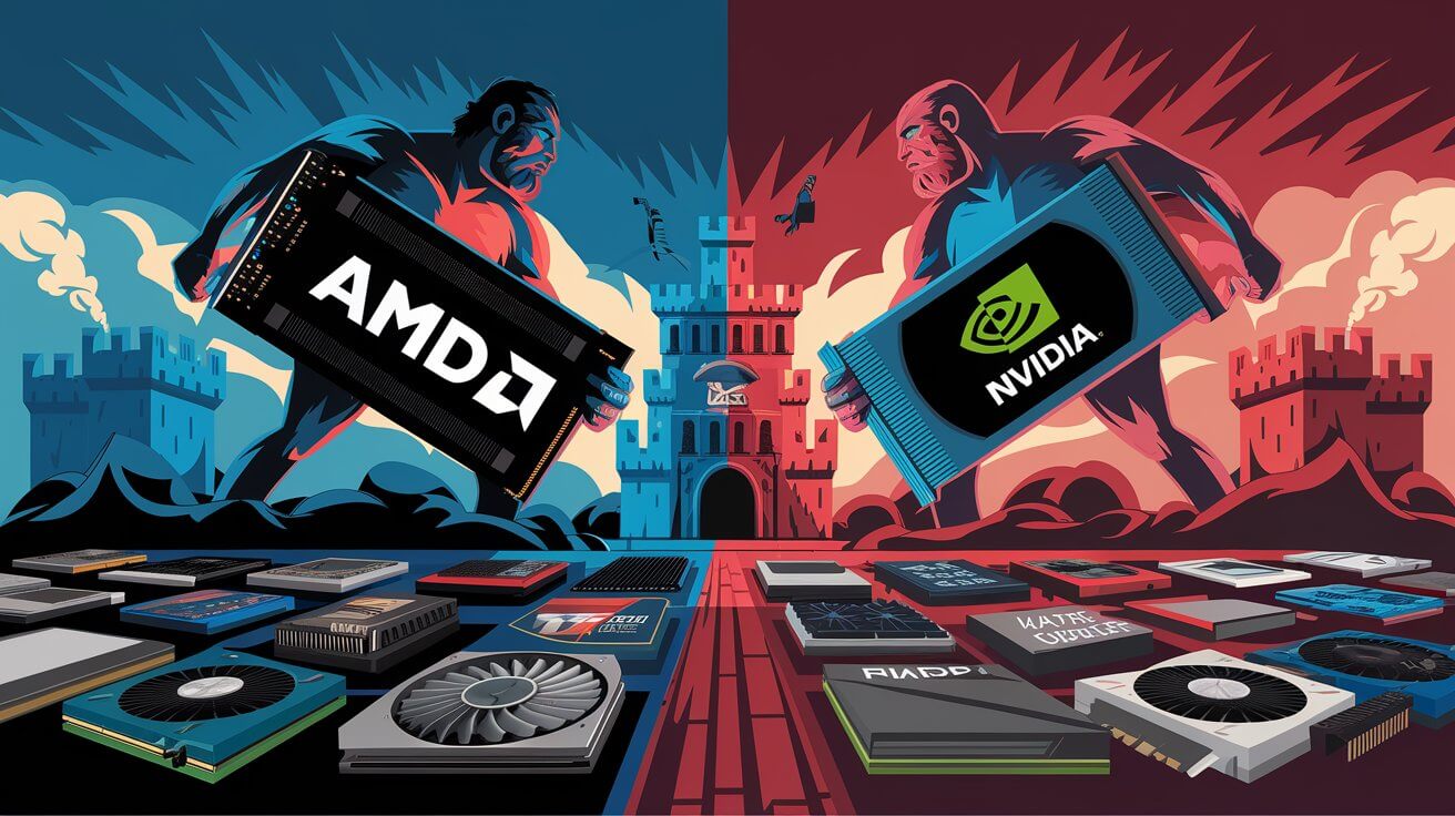 a-digital-illustration-of-a-war-between Nvidia and AMD GPU